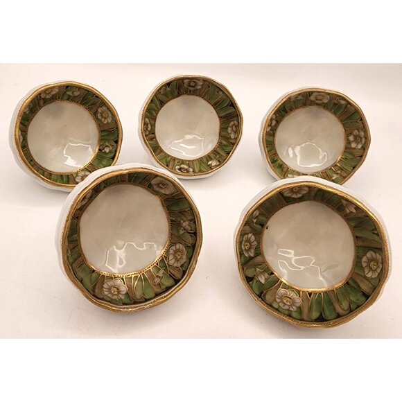 RARE Set Of 5 Vintage Nippon Porcelain Moriage Floral Pattern Footed Nut Bowls - Picture 1 of 12